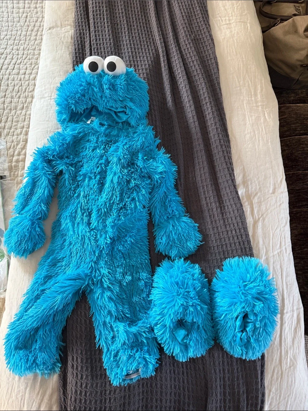 Blue Fuzzy Cookie Monster One-Piece for Kids - Plush Hooded Costume